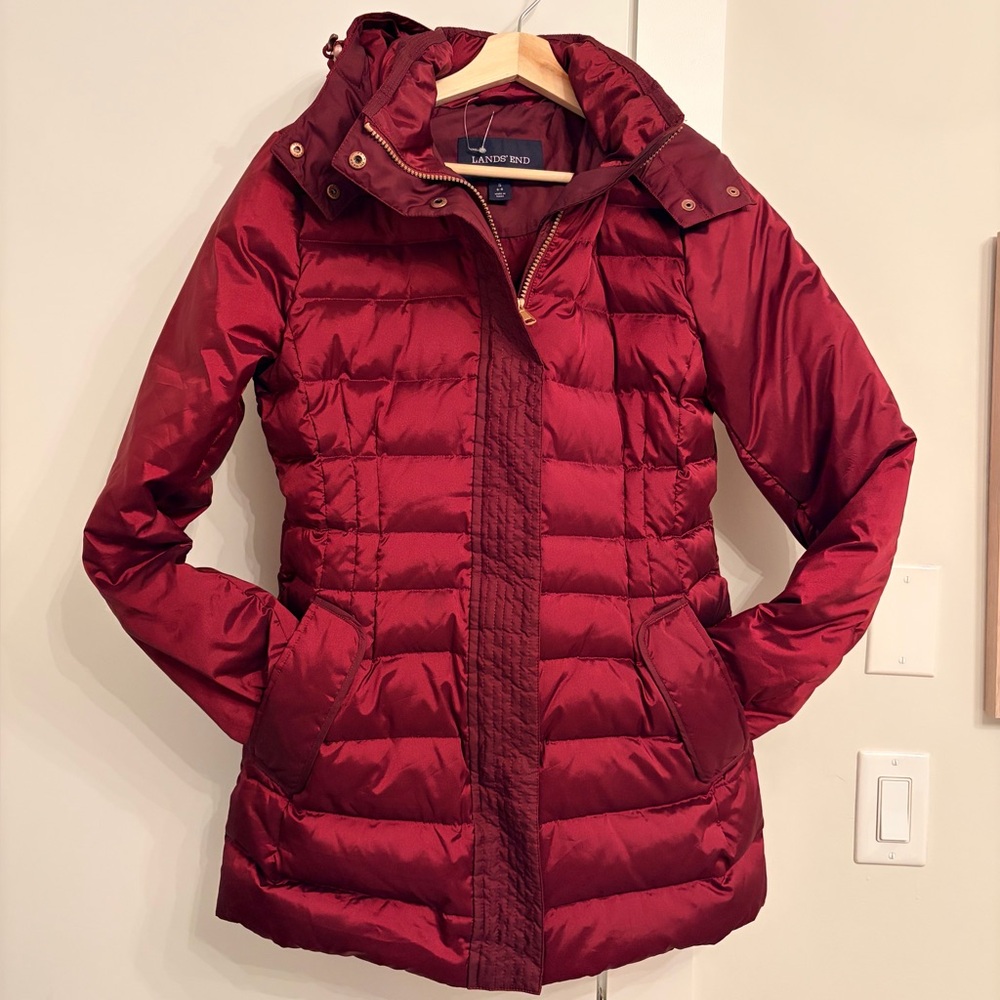 🧥 Lands End Deep Burgundy Quilted Puffer Coat | Hooded Winter Jacket | Size S